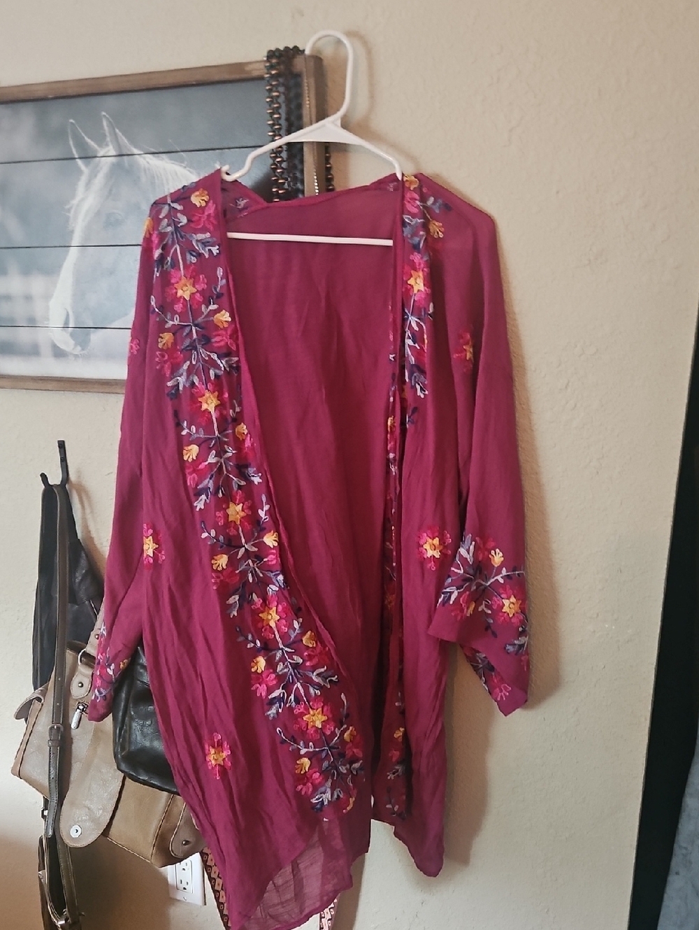 Embroidered Wine/Magenta Kimono Cover-Up